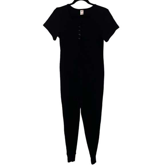 Smash + Tess AnyDay Romper- Black Ribbed Short Sleeve Henley Romper - Picture 4 of 15